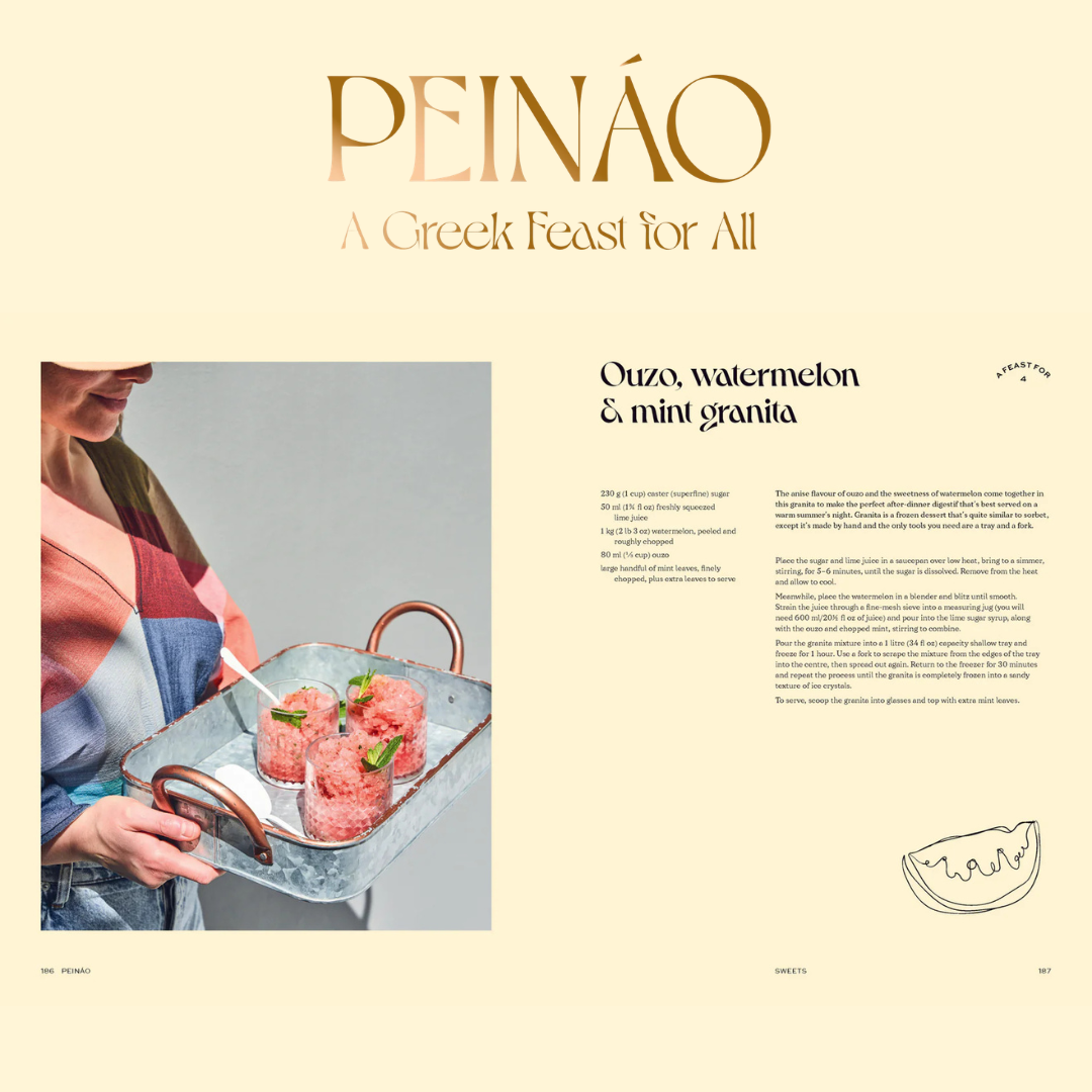 Advertisement for PEINÑO featuring a person with a dish of pink granita on a beige background.