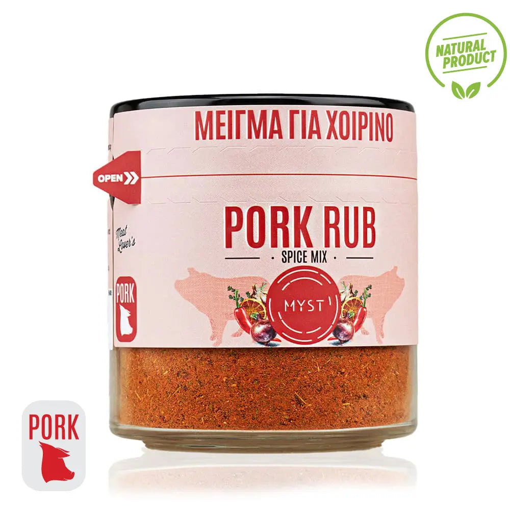 Pork rub spice mix container with label on a white background
