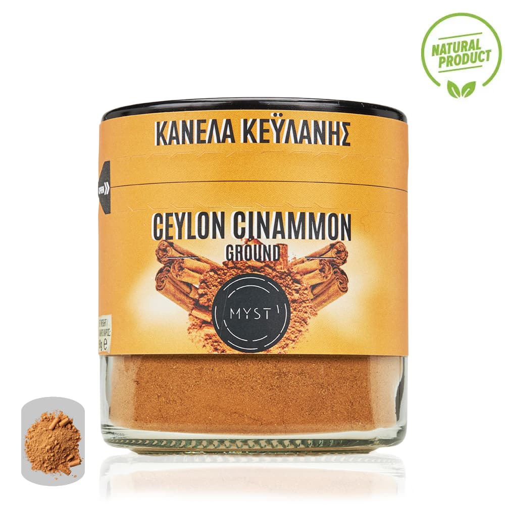 Jar of ground Ceylon cinnamon with a yellow label and 'Myst' branding.