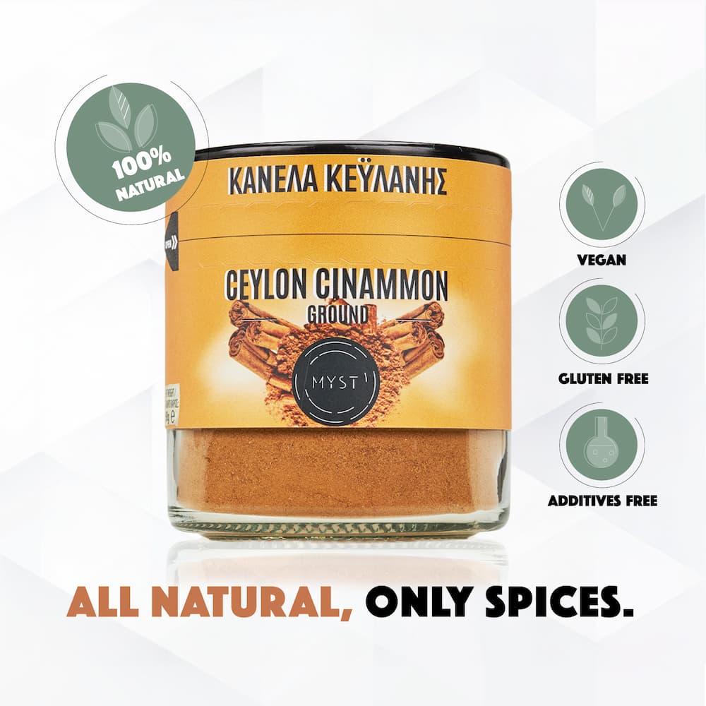 Jar of Ceylon cinnamon with branding and health benefits on a white background