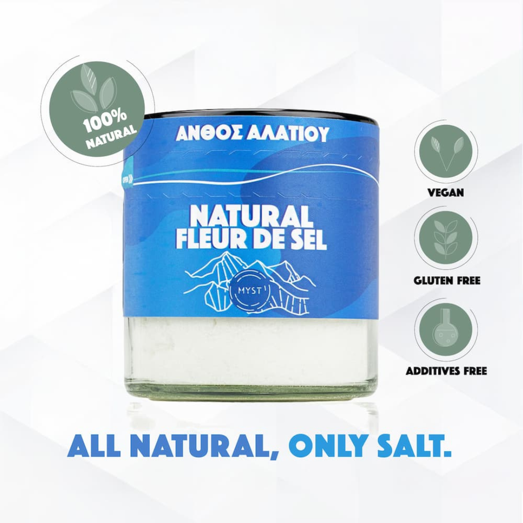 Jar of 'Natural Fleur de Sel' salt with blue label on a white background
