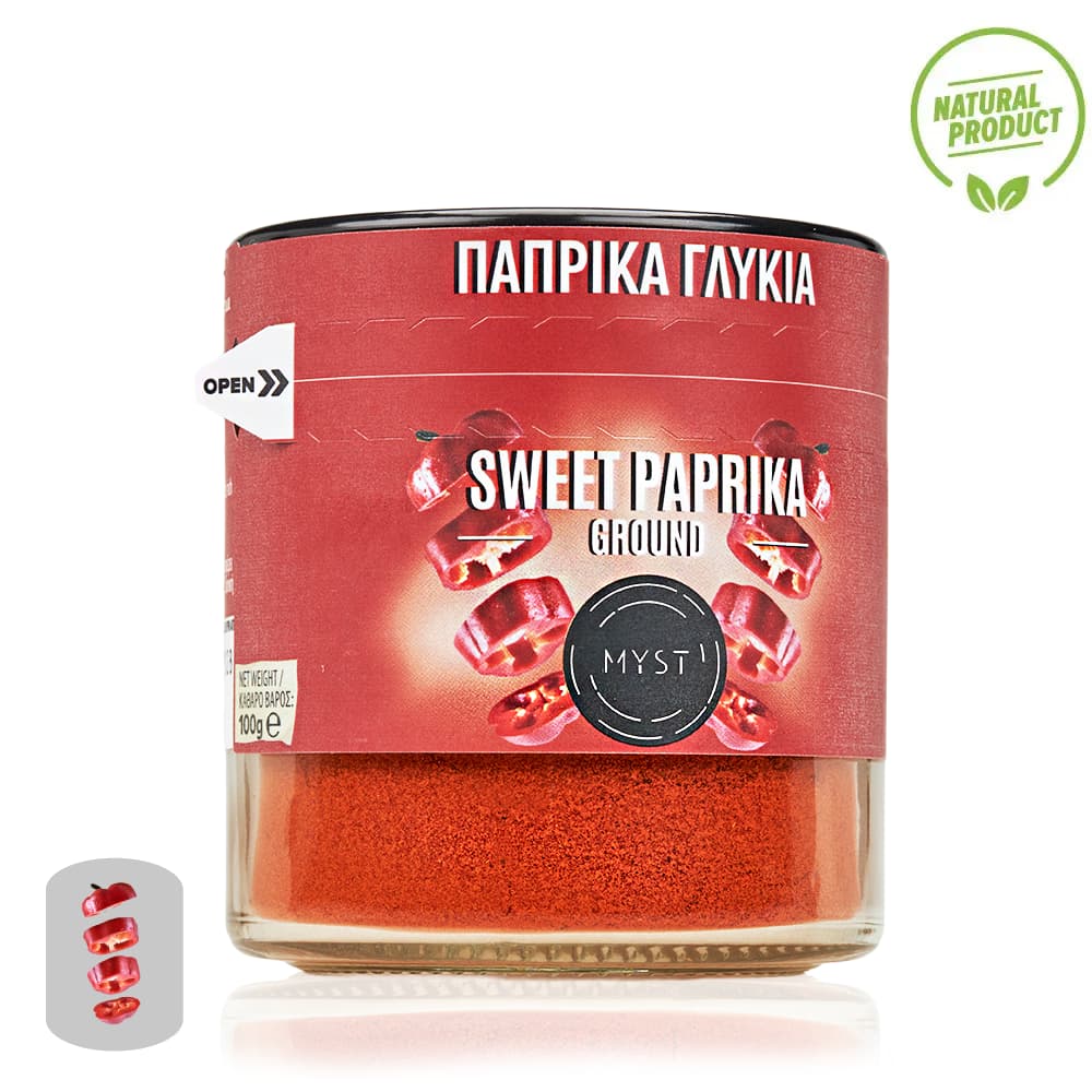Jar of sweet paprika with a red label on a white background