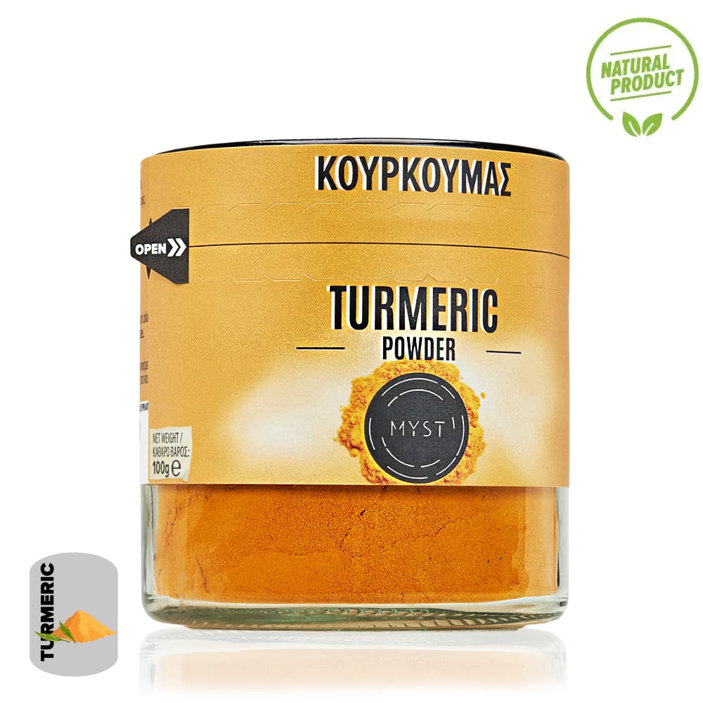 Jar of turmeric powder with KOYPKOYMAZ branding on a white background