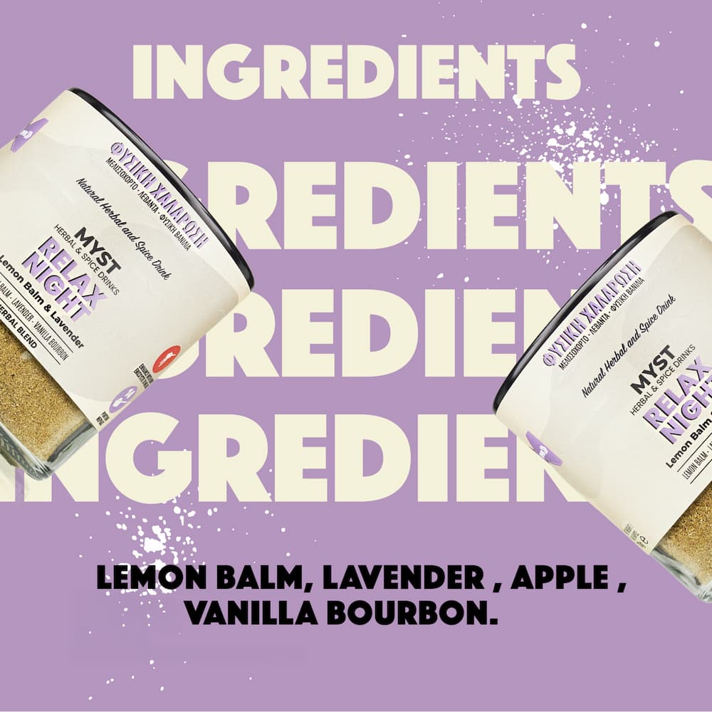 Two bottles of Myst Naturals Relax Night Lemon Balm & Lavender on a purple background with text about ingredients.