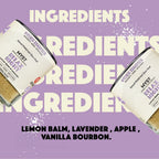 Two bottles of Myst Naturals Relax Night Lemon Balm & Lavender on a purple background with text about ingredients.