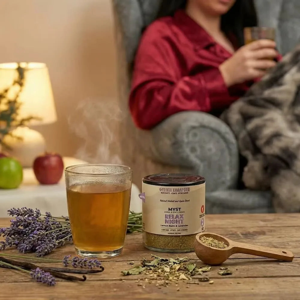 Person relaxing on a couch with a drink, surrounded by a jar of 'Myst' herbal night tea, a glass of tea, and lavender on a wooden table.