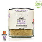 Glass container of 'Myst Relax Night' herbal blend with label on a white background