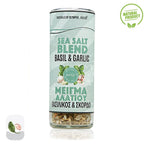 Sea salt blend container labeled 'Basil & Garlic' with a natural product logo on a white background.