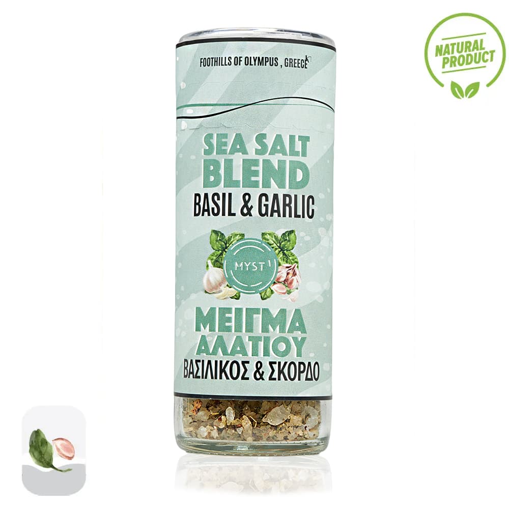 Sea salt blend container labeled 'Basil & Garlic' with a natural product logo on a white background.