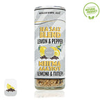 Sea salt blend container with lemon and pepper flavor on a white background