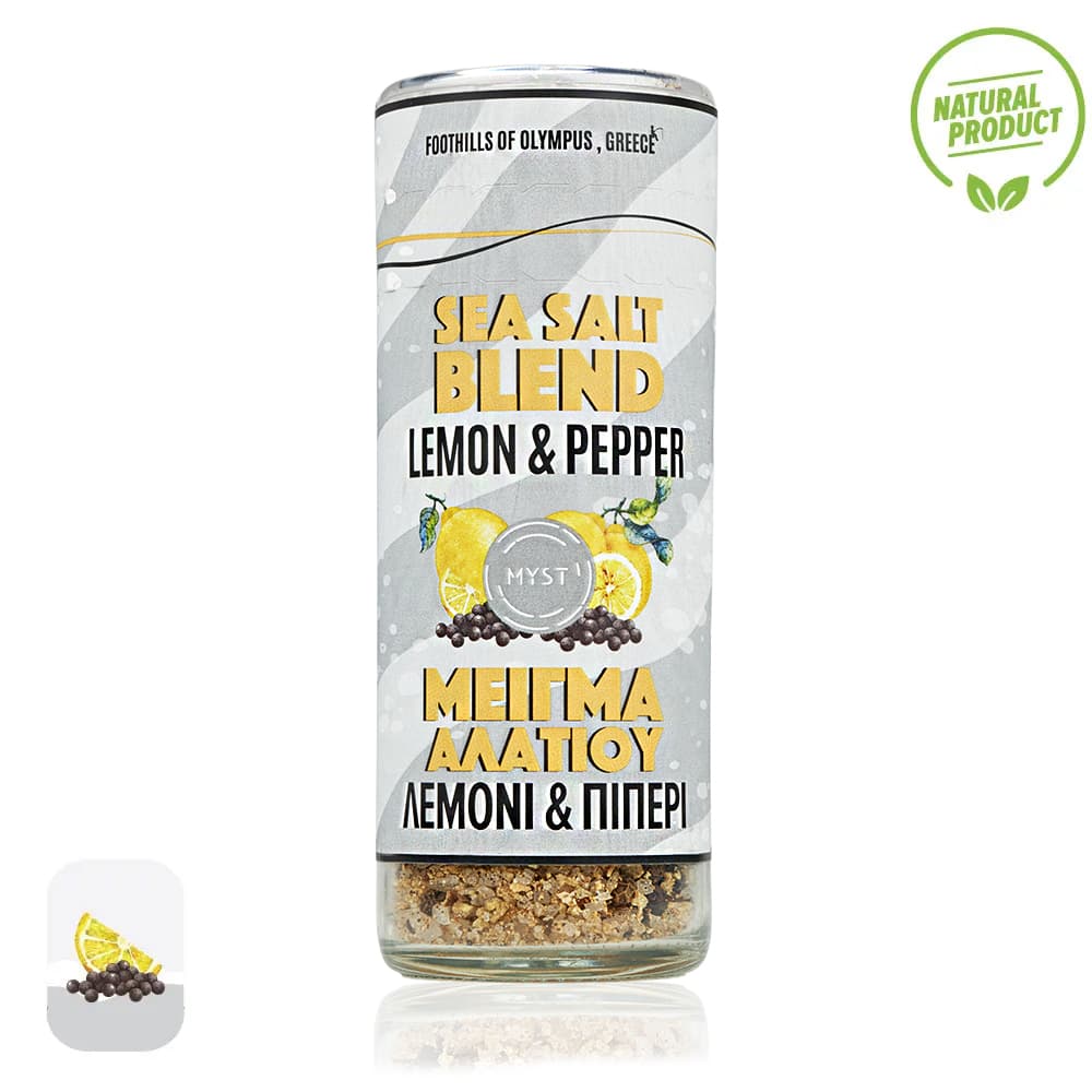 Sea salt blend container with lemon and pepper flavor on a white background