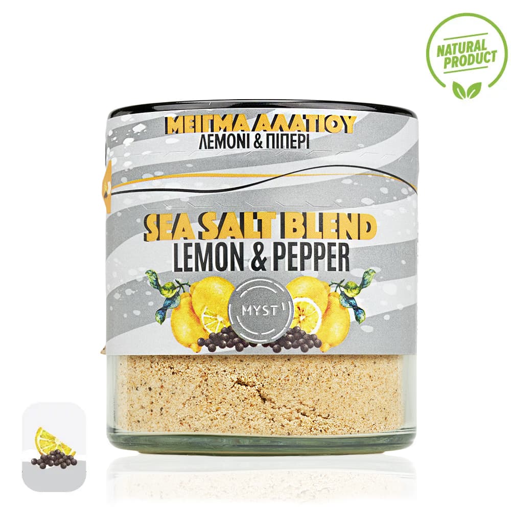 Sea salt blend container labeled 'Lemon & Pepper' with a natural product icon on a white background.