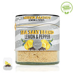 Sea salt blend container labeled 'Lemon & Pepper' with a natural product icon on a white background.