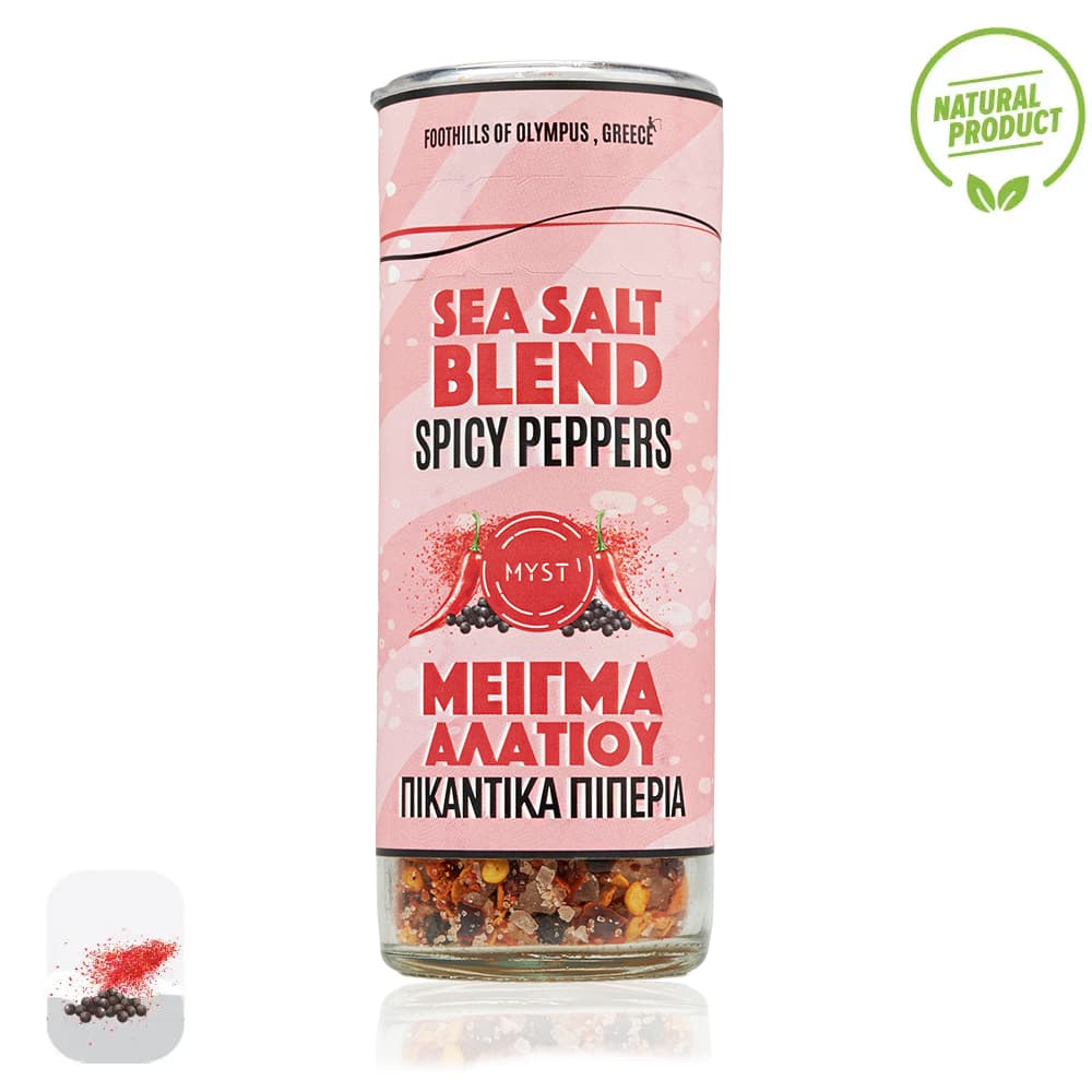 Sea salt blend with spicy peppers packaging on a white background