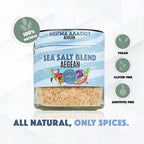 Jar of sea salt blend with label on a white background