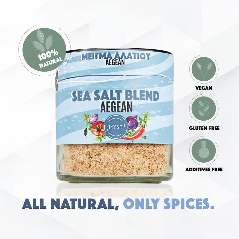 Jar of sea salt blend with label on a white background