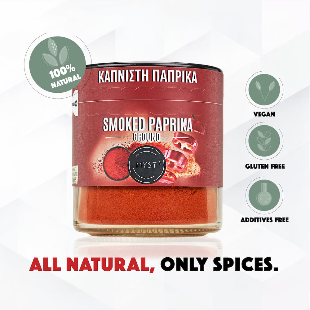 Jar of smoked paprika with branding and health benefits on a white background