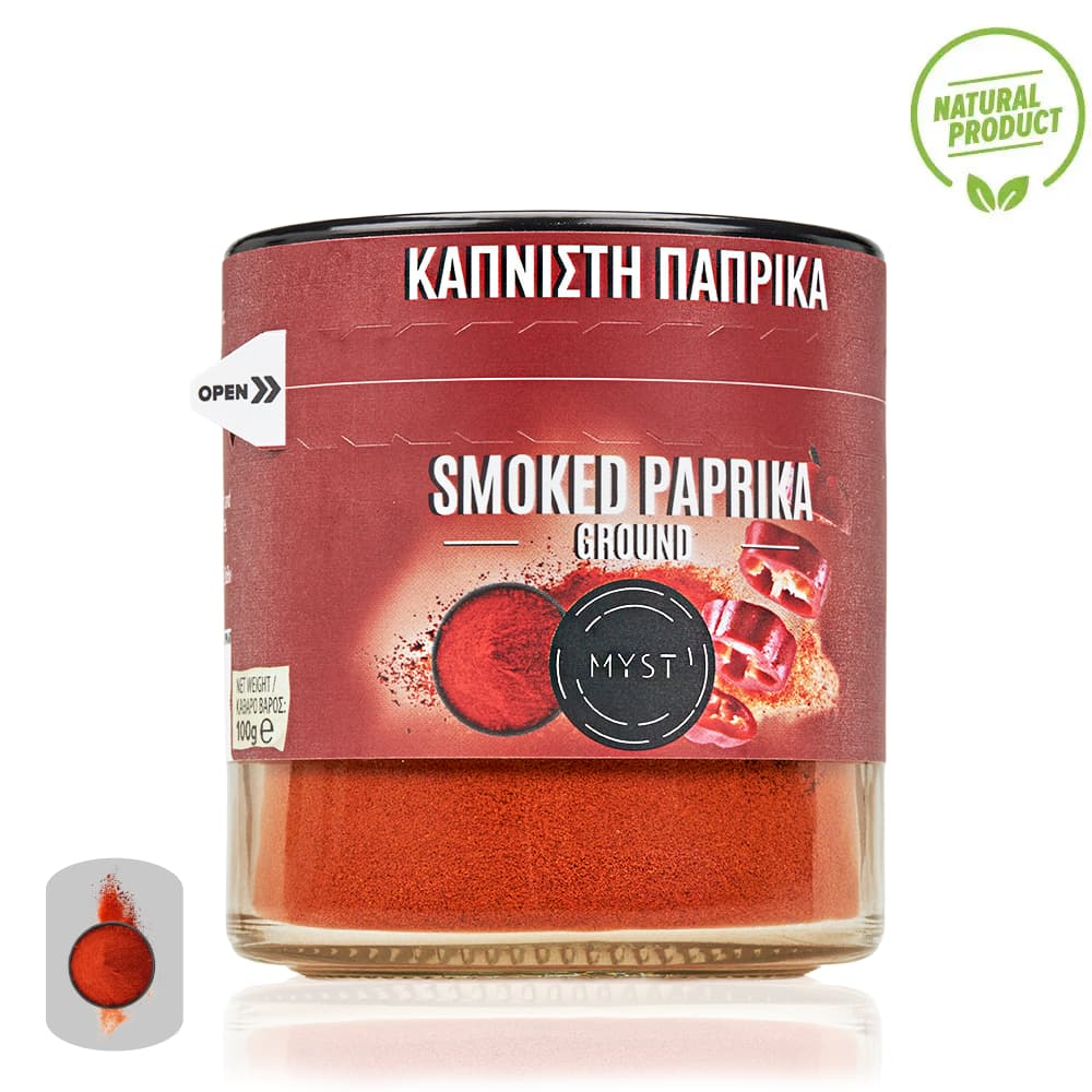 Jar of smoked paprika with a red label on a white background