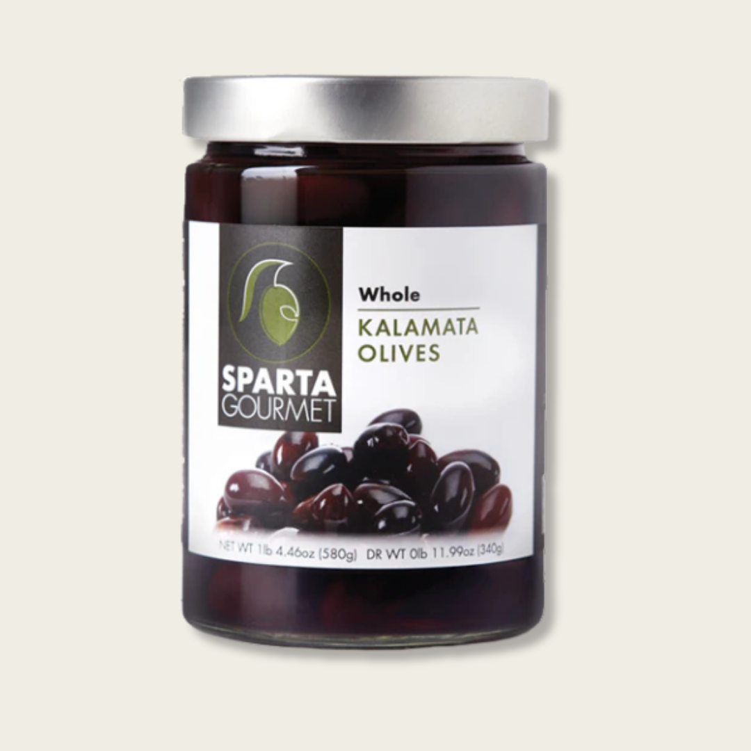 Jar of Sparta Gourmet Kalamata Olives on a light gray background