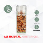 Glass jar of spices with natural, vegan, gluten-free, and additive-free labels on a white background.