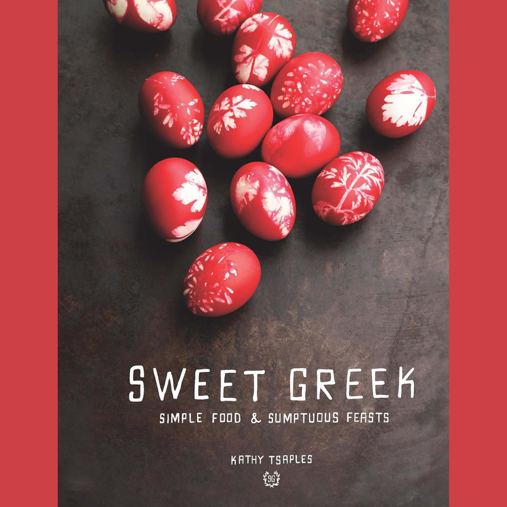 Book cover of 'Sweet Greek' with red and white patterned eggs on a dark background