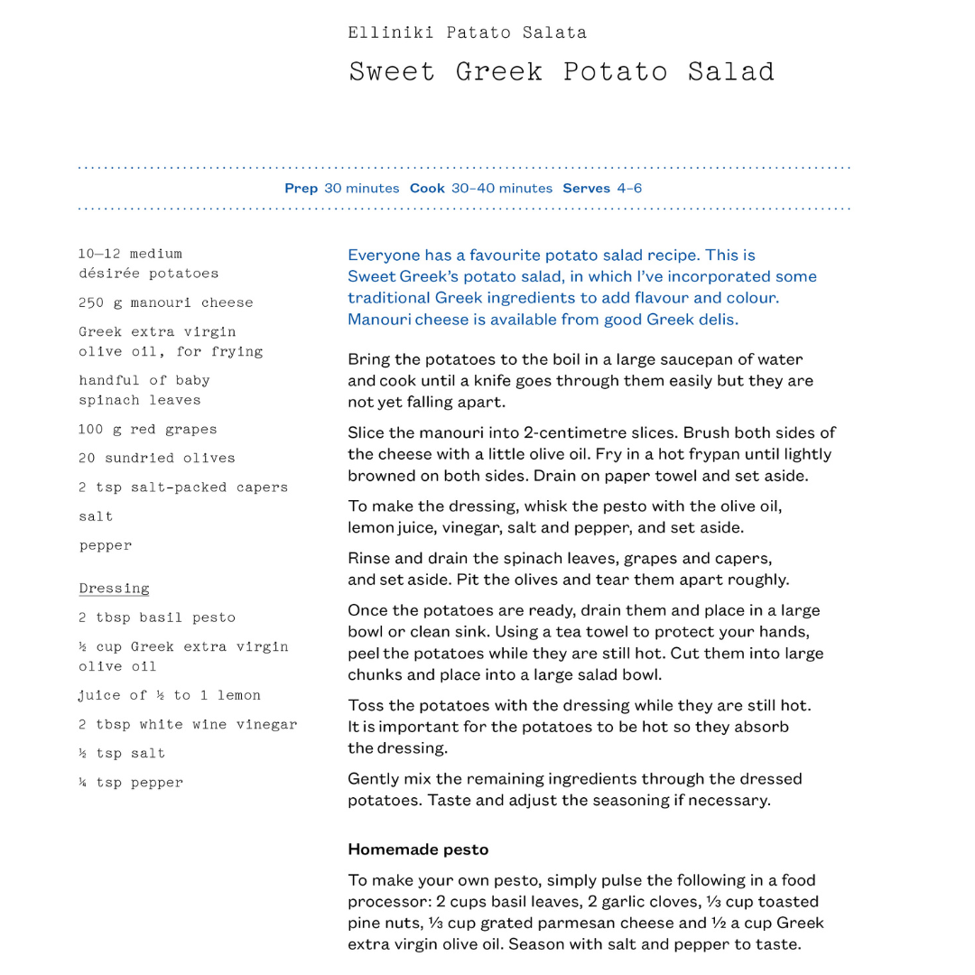 Recipe card for Sweet Greek Potato Salad with text and ingredients listed.