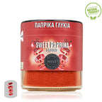 Jar of sweet paprika with a red label on a white background