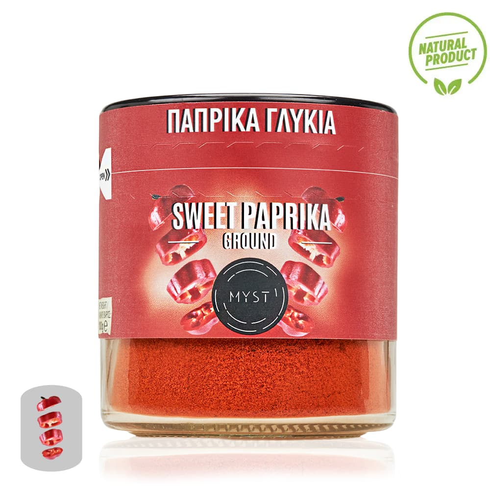 Jar of sweet paprika with a red label on a white background