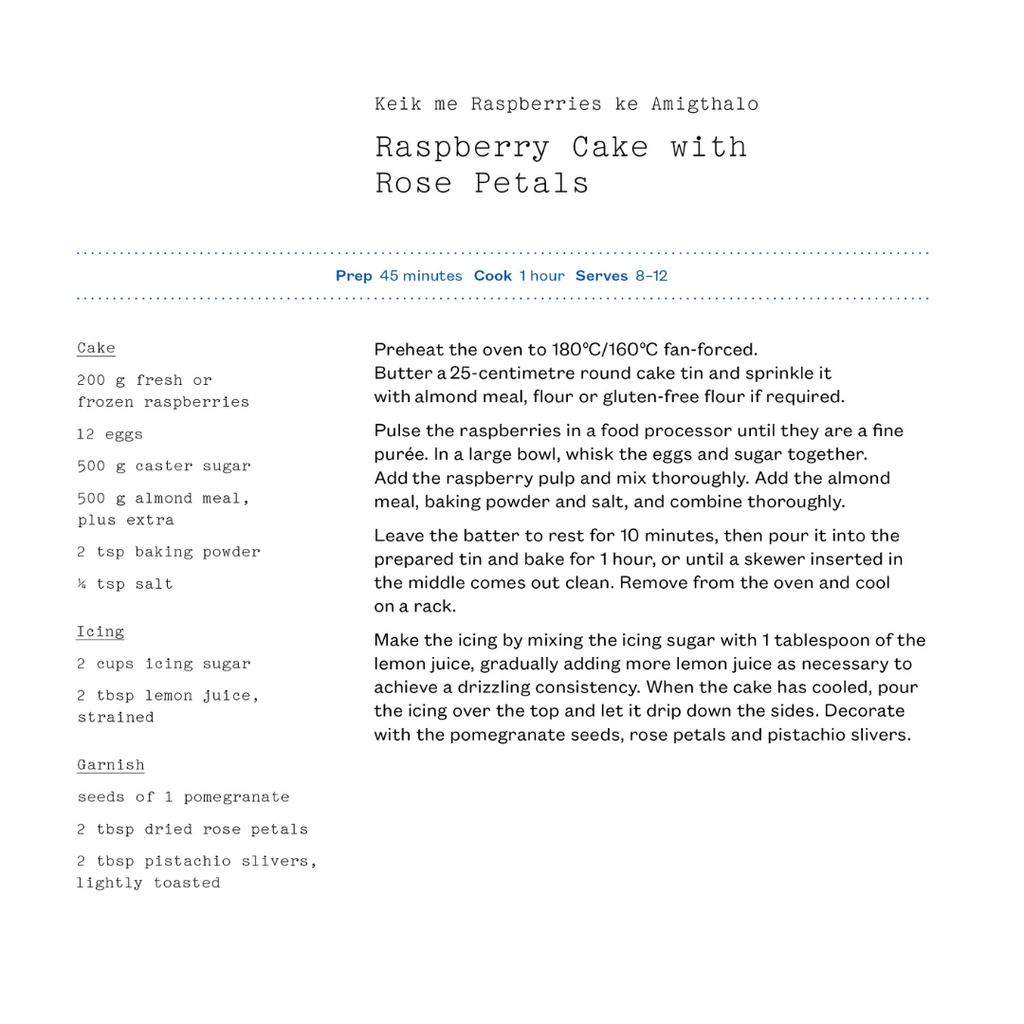 Recipe card for Raspberry Cake with Rose Petals on a white background