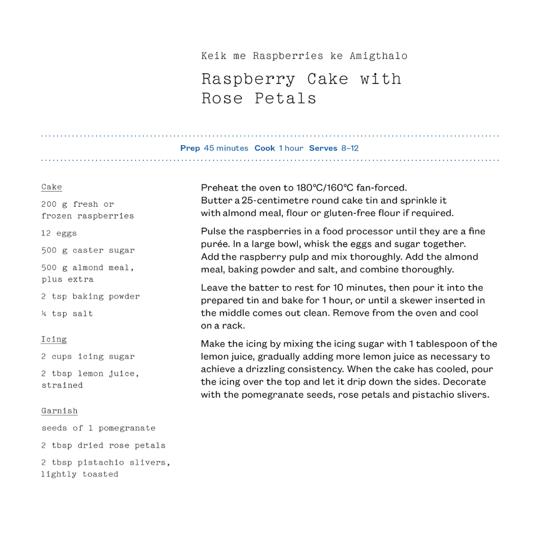 Recipe card for Raspberry Cake with Rose Petals on a white background