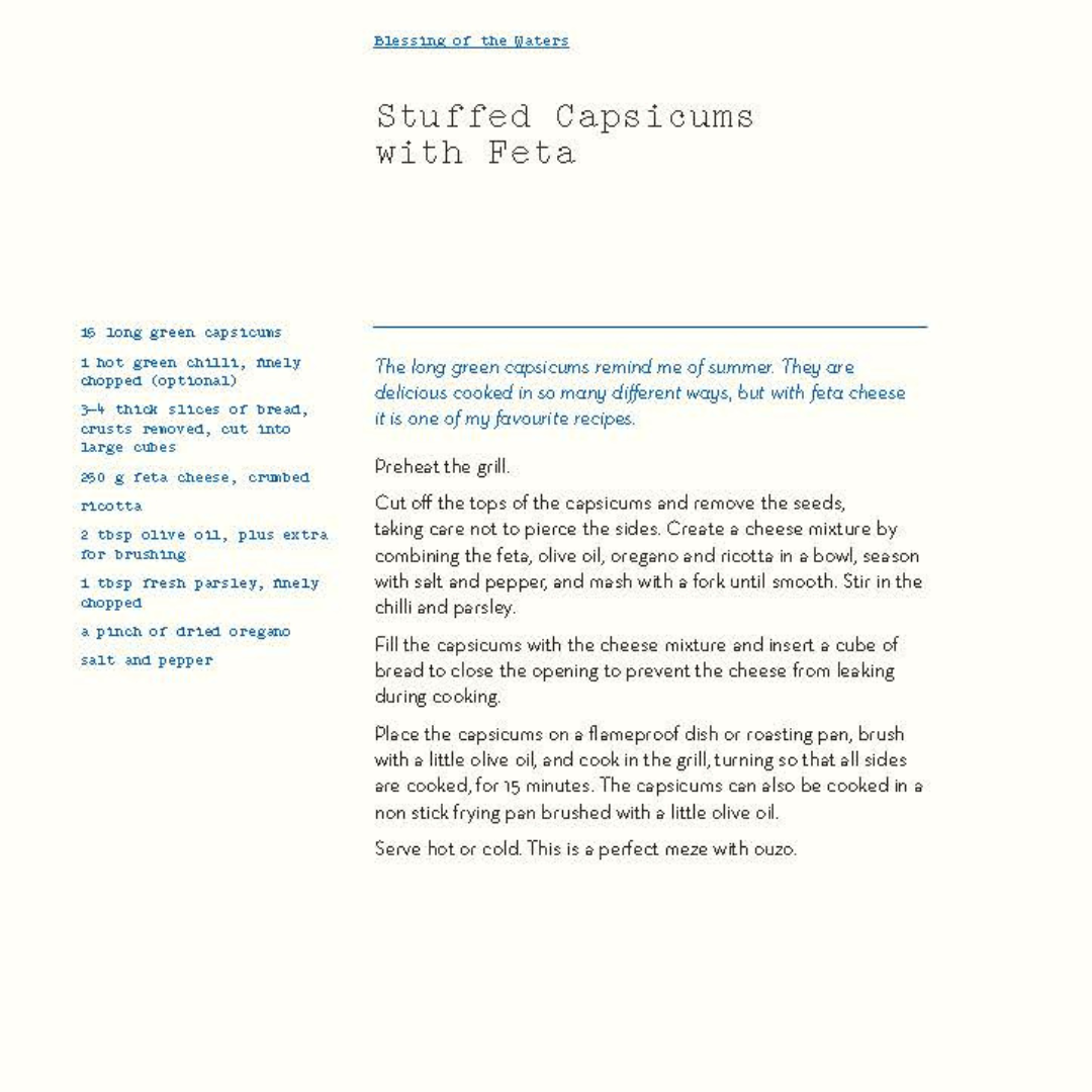 Recipe card for stuffed capsciums with feta on a white background