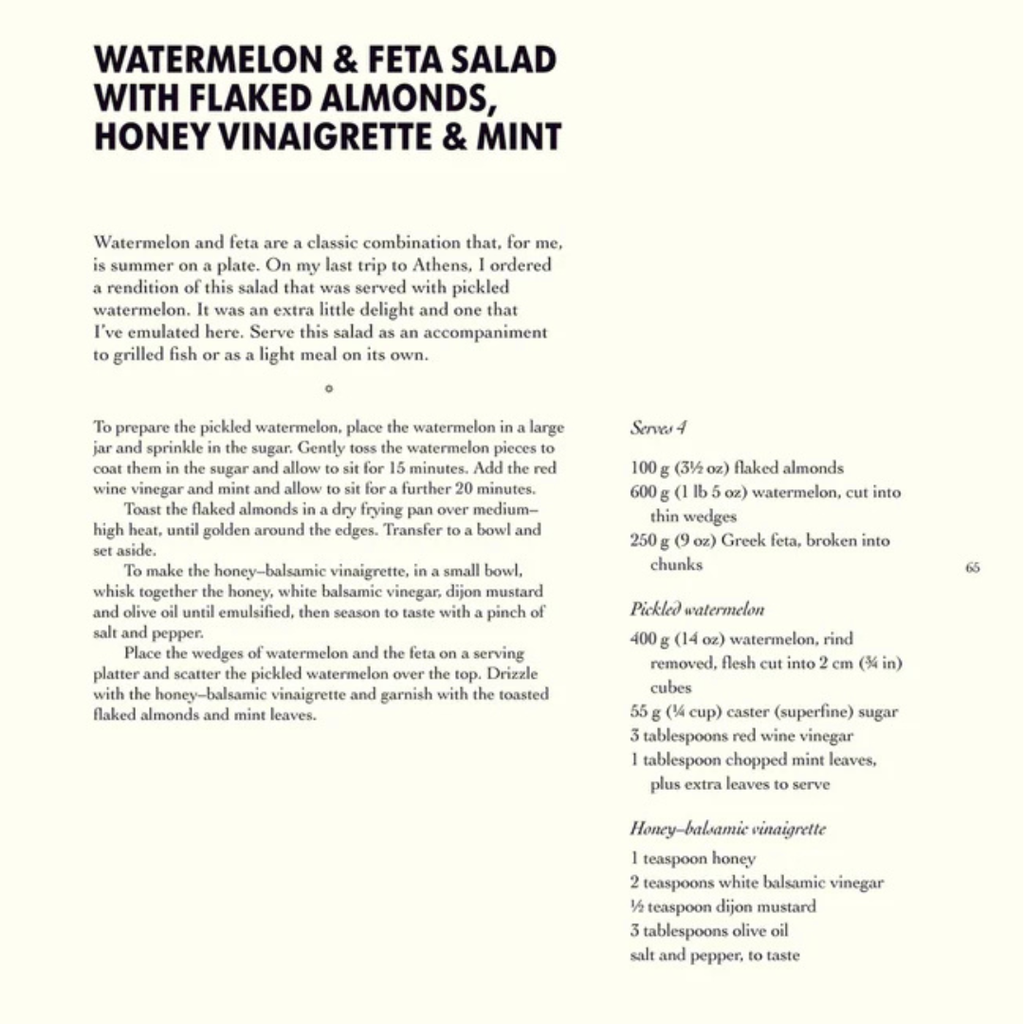 Recipe card for watermelon and feta salad with flaked almonds, honey vinaigrette, and mint on a white background.