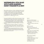 Recipe card for watermelon and feta salad with flaked almonds, honey vinaigrette, and mint on a white background.