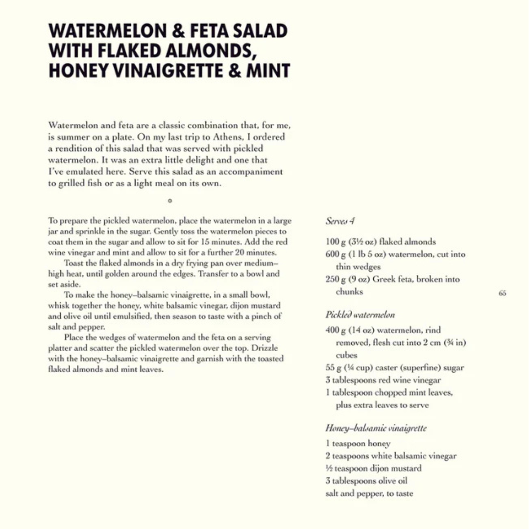 Recipe card for watermelon and feta salad with flaked almonds, honey vinaigrette, and mint on a white background.