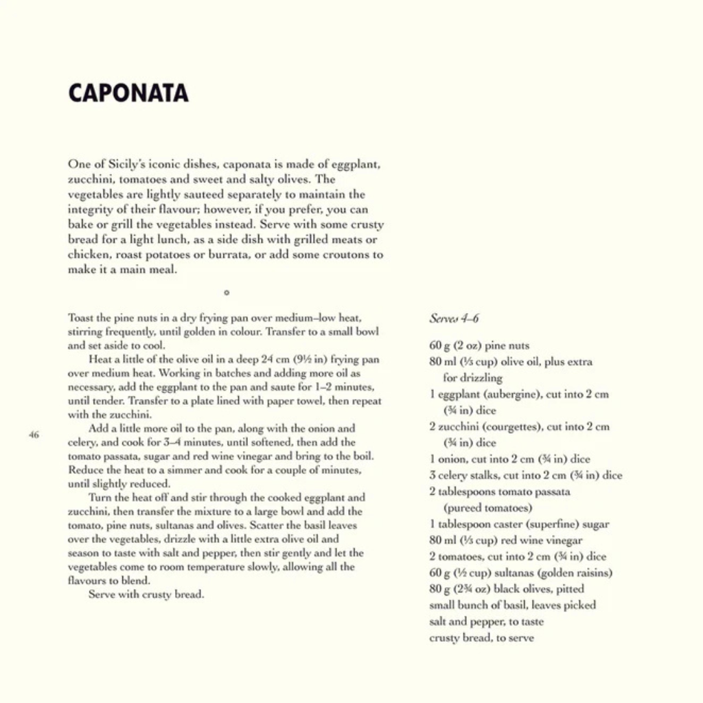 Caponata recipe from a cookbook on a white background