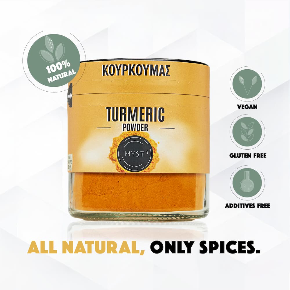 Jar of turmeric powder with KOYPKOYMAZ branding on a white background