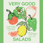 Book cover of 'Very Good Salads' with illustrations of vegetables on a green background