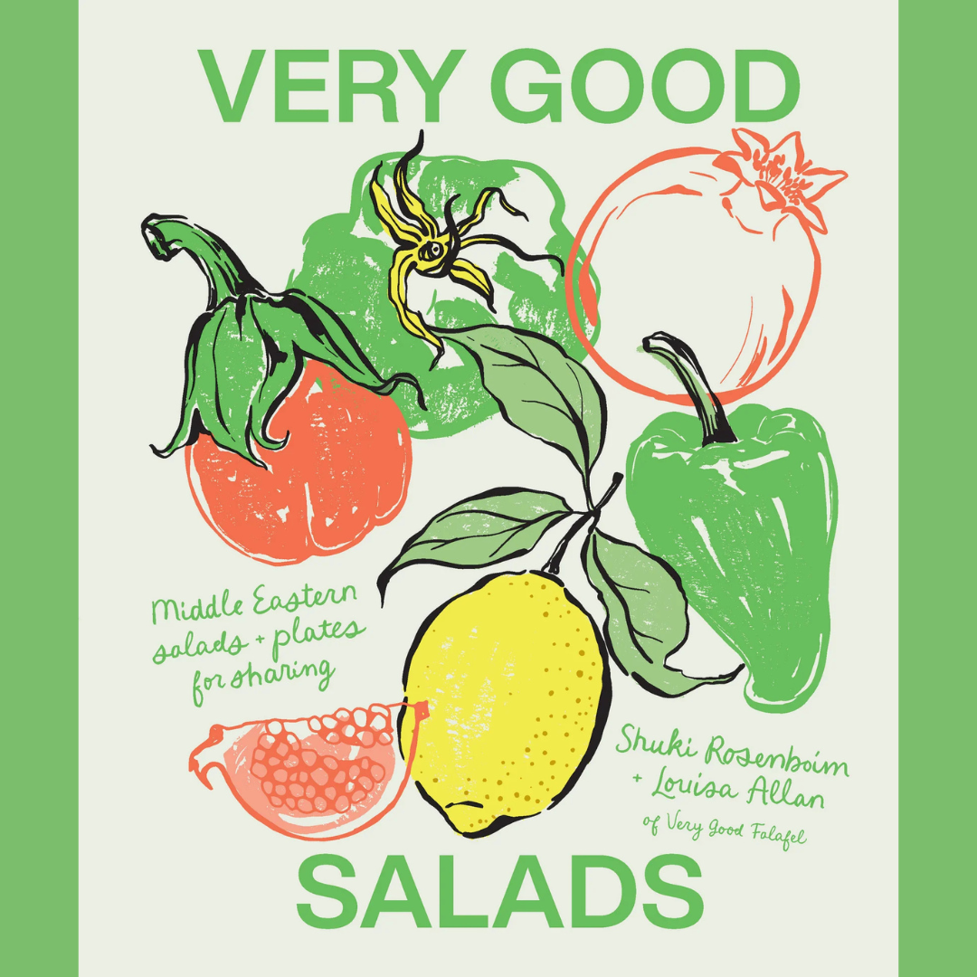 Book cover of 'Very Good Salads' with illustrations of vegetables on a green background