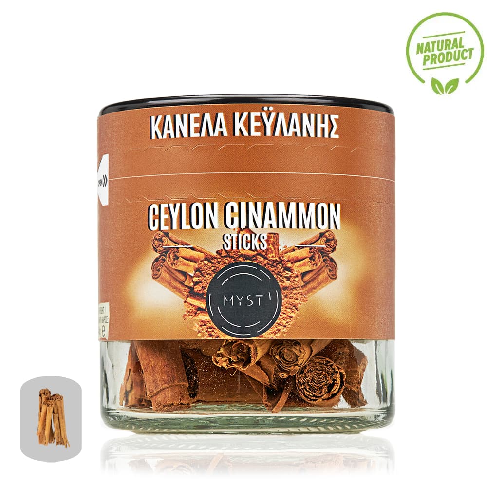 Jar of Ceylon cinnamon sticks with a brown label on a white background