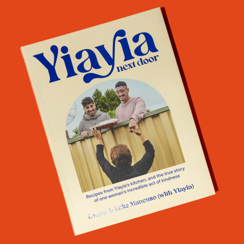 Book cover of 'Yiayia next door' on an orange background