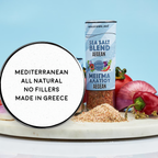 Sea salt blend container with ingredients on a marble board against a blue background