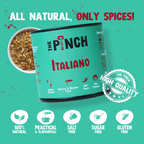 Container of 'The Pinch Italiano' spice mix with text highlighting natural and spice content on a green background.