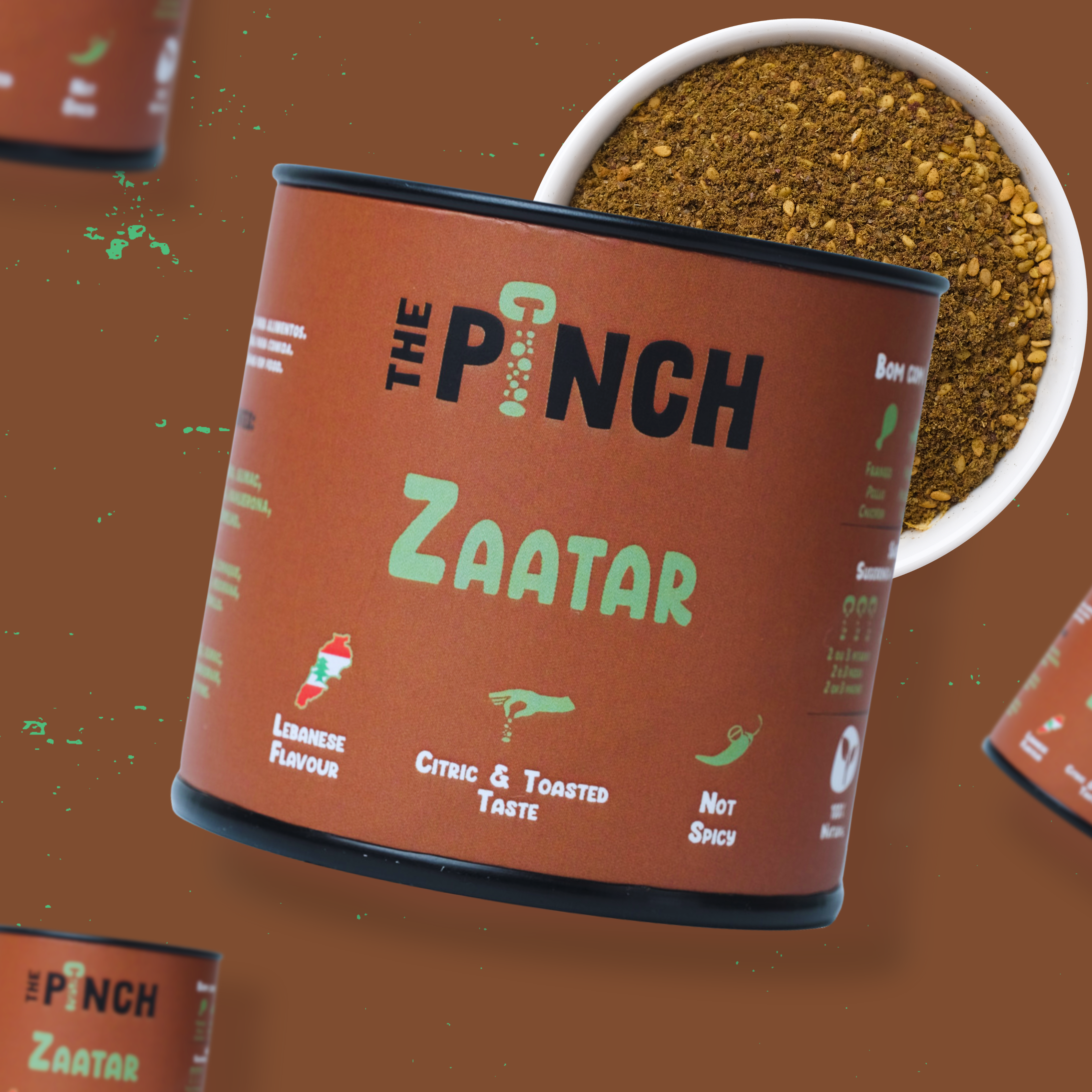 Container of Zaatar with 'The Pinch' branding on a brown background