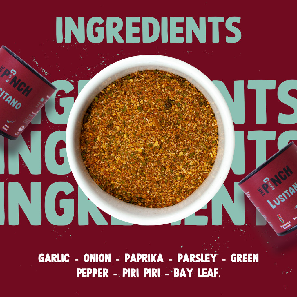 Spice mix in a white bowl with Lushino seasoning packets on a red background with 'INGREDIENTS' text.