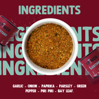 Spice mix in a white bowl with Lushino seasoning packets on a red background with 'INGREDIENTS' text.