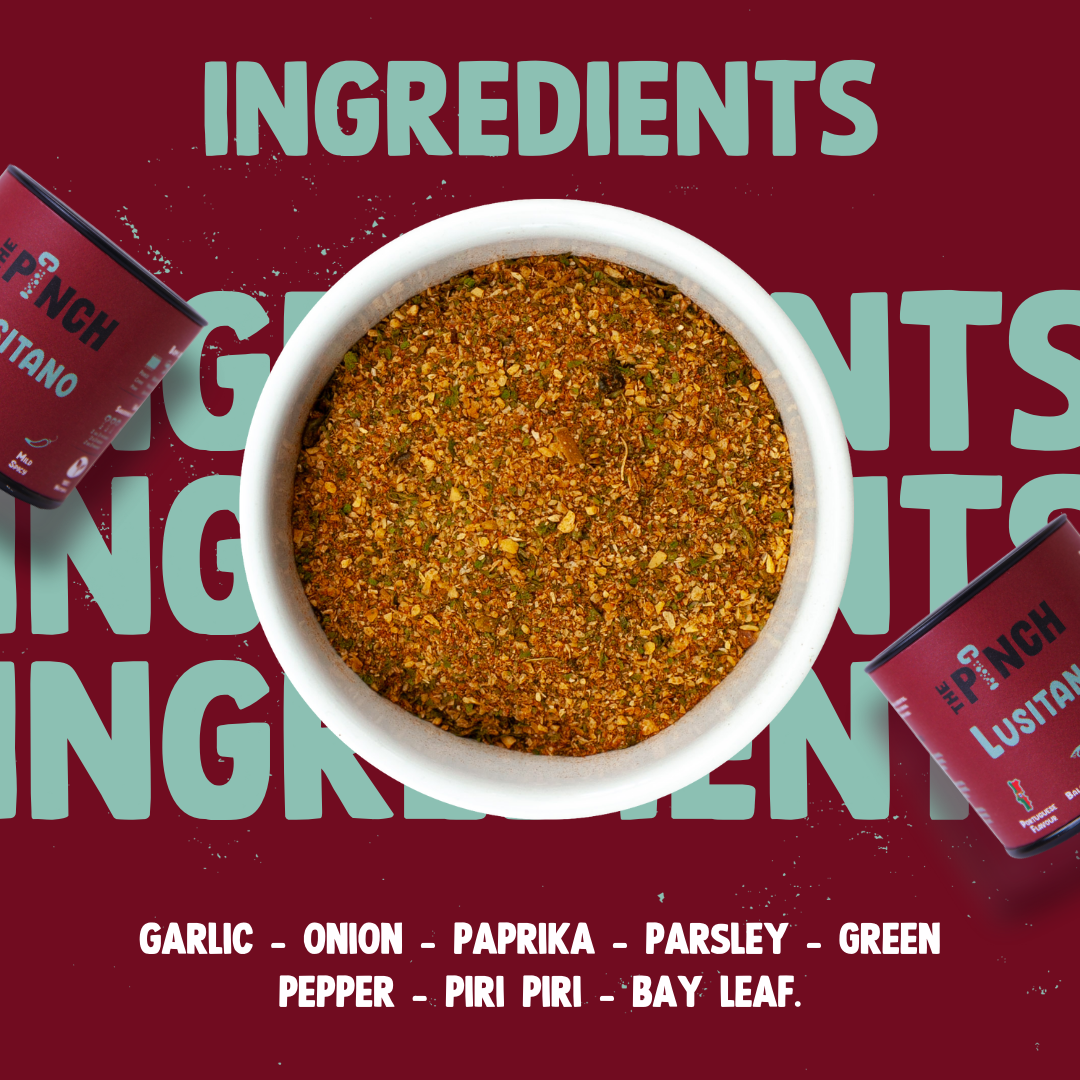 Spice mix in a white bowl with Lushino seasoning packets on a red background with 'INGREDIENTS' text.