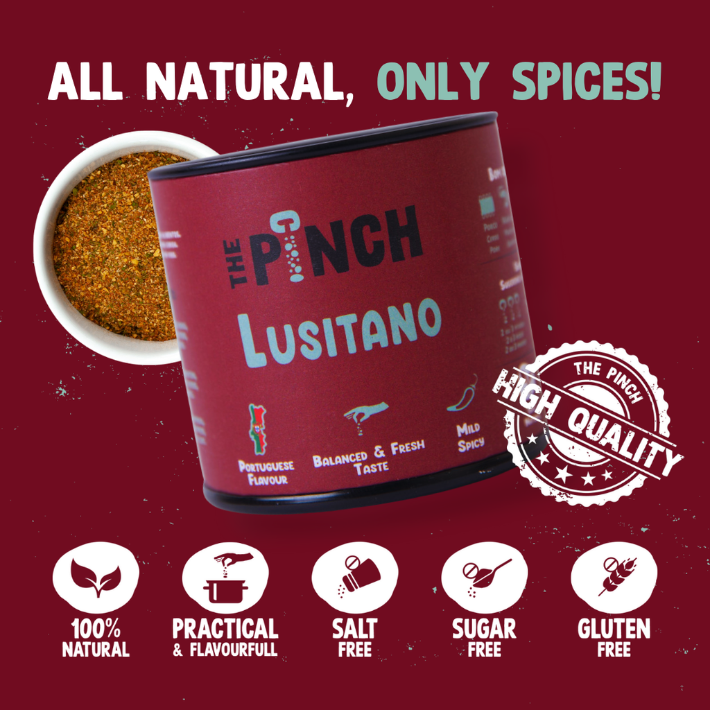 Red container of 'The Pinch Lusitano' spices with text and icons on a red background