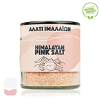 Jar of Himalayan pink salt with a pink label on a white background
