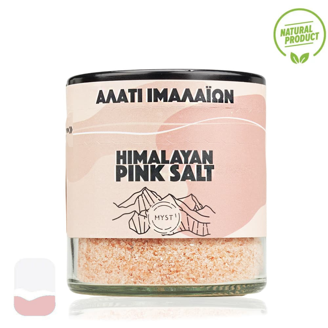 Jar of Himalayan pink salt with a pink label on a white background