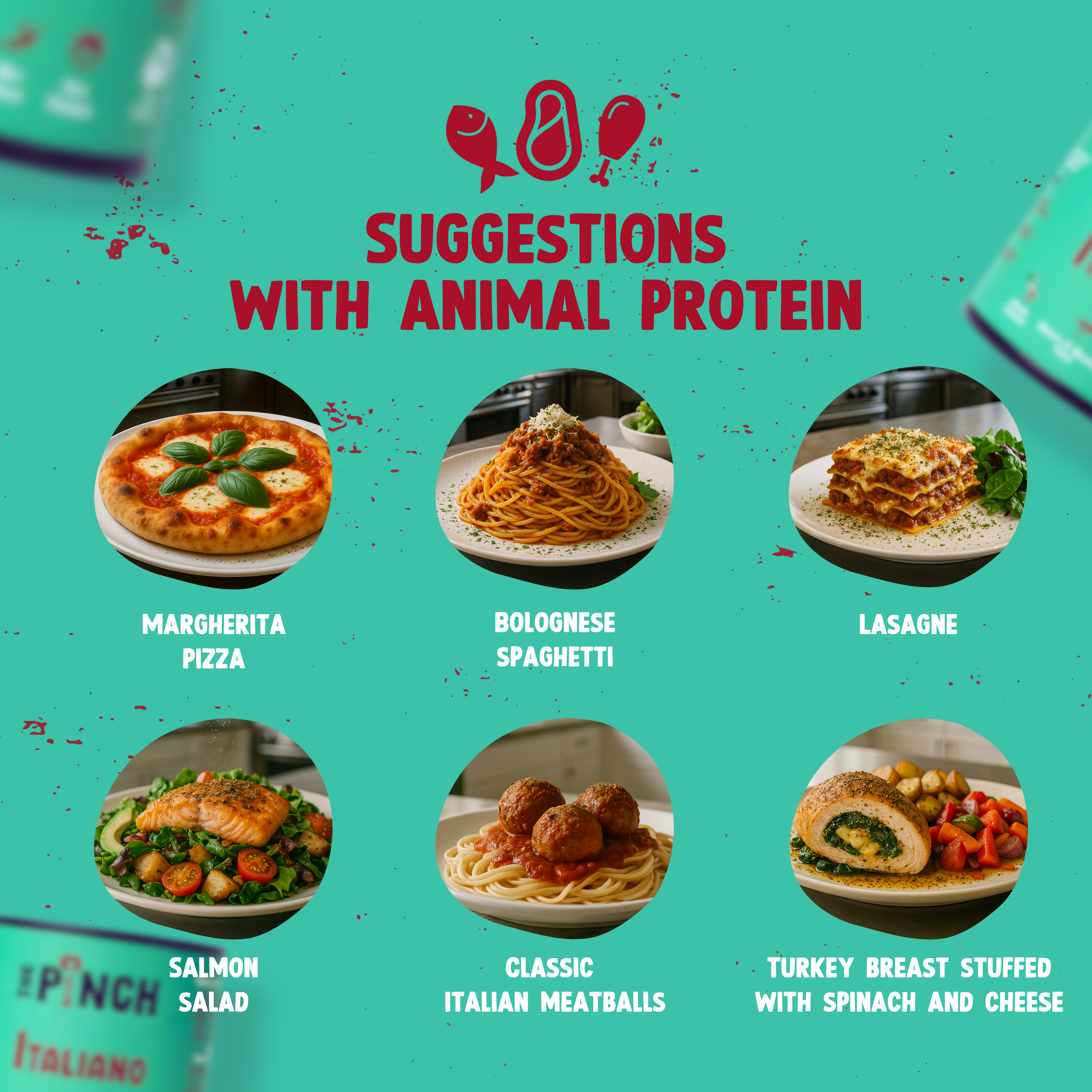 Menu with Italian dishes featuring animal protein on a teal background
